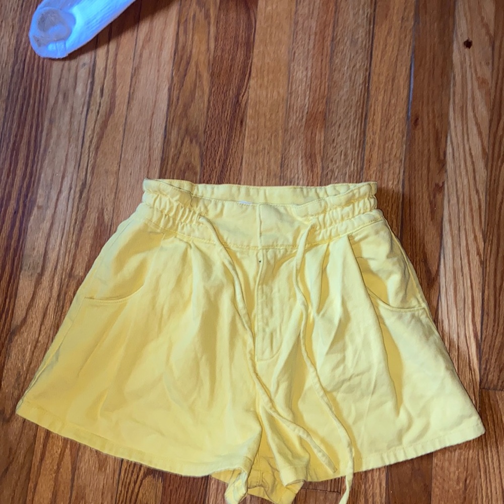 Yellow High Waisted paper bag Denim Shorts